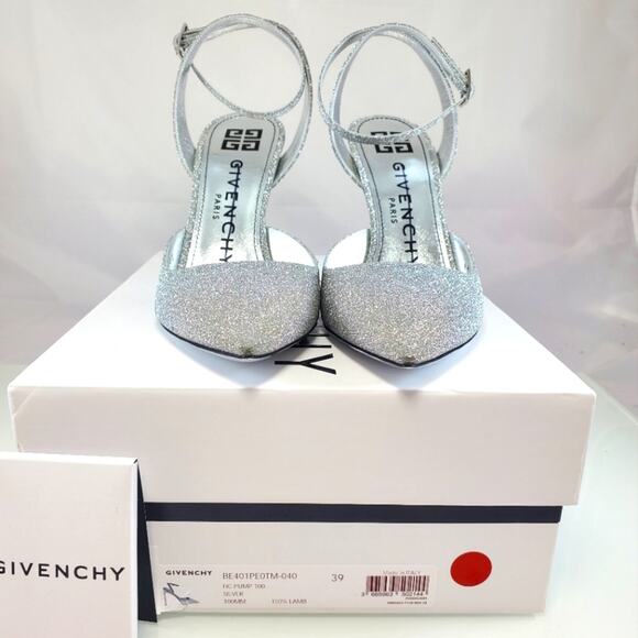 NWT$825 Givenchy Logo Ankle-Strap Silver Glitter Leather Pumps 100 Heels Sz 9 - Picture 15 of 16